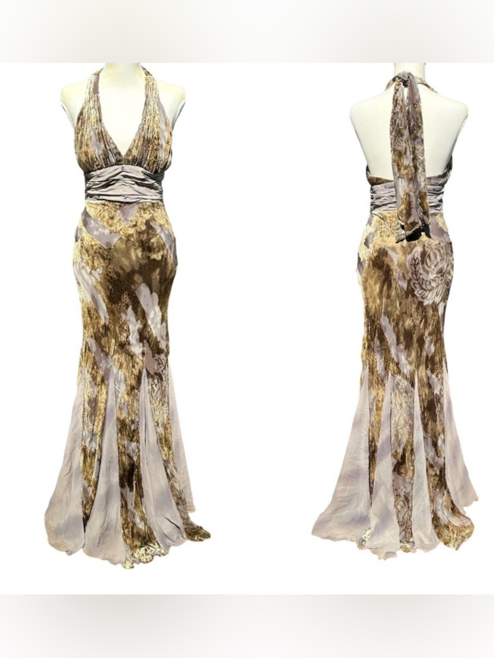 Prom Halter Maxi Dress S Fairy Silk Velvet Burnout Beaded Sheer Bronze